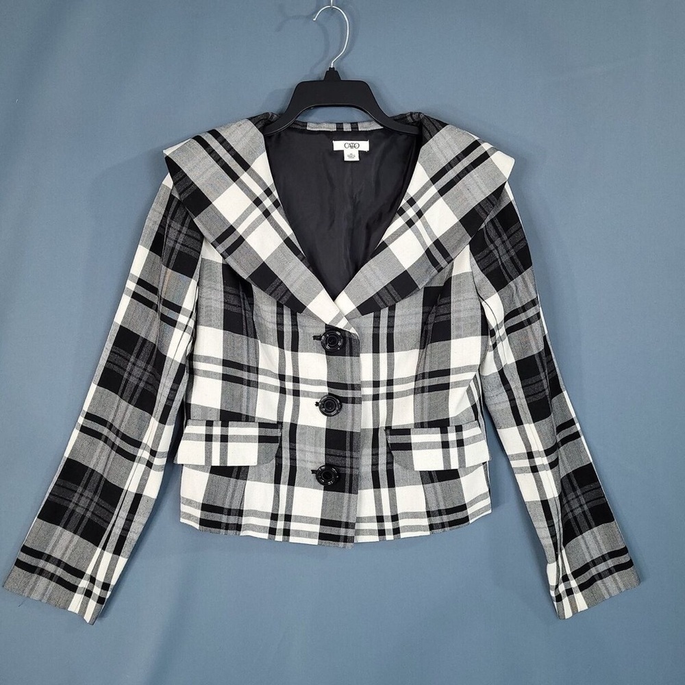 Cato Women's Button Front Blazer Jacket Lined Black/White Plaid Size Large